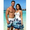 Beach Vacation Couple Outfit Ombre Tropical Coconut Tree Print Ruched Bust Dress and Drawstring Beach Shorts Set - Bleu S | US 4