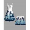 Beach Vacation Couple Outfit Ombre Tropical Coconut Tree Print Ruched Bust Dress and Drawstring Beach Shorts Set - Bleu S | US 4