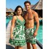 Vacation Couple Outfit Tropical Leaf Geometric Printed Spaghetti Strap Mini Dress and Drawstring Beach Shorts Set - Vert S | US 4