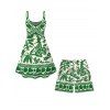 Vacation Couple Outfit Tropical Leaf Geometric Printed Spaghetti Strap Mini Dress and Drawstring Beach Shorts Set - Vert S | US 4