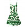 Vacation Couple Outfit Tropical Leaf Geometric Printed Spaghetti Strap Mini Dress and Drawstring Beach Shorts Set - Vert S | US 4