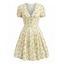 Hawaiian Vacation Dress Allover Ditsy Floral Print Tied Puff Sleeve V Neck Mini Vintage Dress - Jaune clair XL | US 10