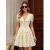 Hawaiian Vacation Dress Allover Ditsy Floral Print Tied Puff Sleeve V Neck Mini Vintage Dress - Jaune clair XL | US 10