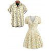 Hawaiian Vacation Couple Outfit Allover Ditsy Floral Print Tied Puff Sleeve V Neck Dress and Shirt Set - Jaune clair S | US 4