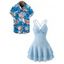 Vacation Couple Outfit Solid Color Textured Twisted Ruched Bust Layered Flounce Dress and Tropical Leaf Print Shirt Set - Bleu clair S | US 4