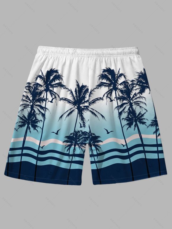 Men's Vacation Beach Shorts Tropical Coconut Tree Print Ombre Drawstring Pocket Board Shorts - Bleu M