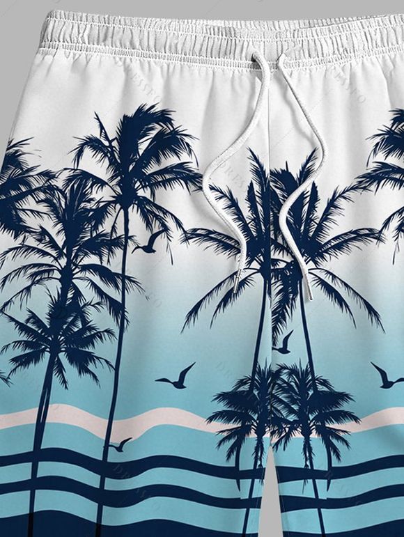 Men's Vacation Beach Shorts Tropical Coconut Tree Print Ombre Drawstring Pocket Board Shorts - Bleu M