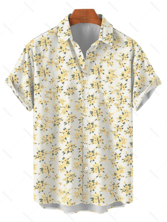Hawaiian Vacation Couple Outfit Allover Ditsy Floral Print Tied Puff Sleeve V Neck Dress and Shirt Set - LIGHT YELLOW S | US 4