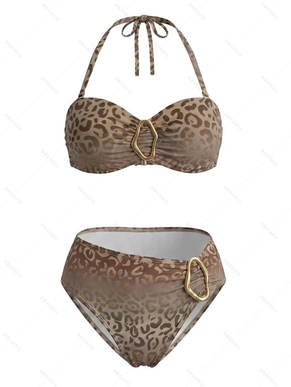 Beach Vacation Bikini Swimsuit Leopard Print Irregular Metal Decor High Cut Briefs Halter Swimwear Set - Bronze XXL | US 14