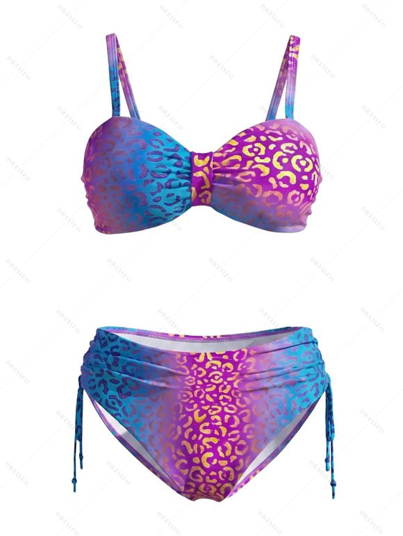 Beach Vacation Bikini Swimsuit Ombre Leopard Print Ruched Cinched Briefs Swimwear Set - Rose Vif XL | US 12