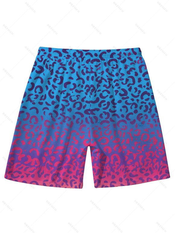 Men's Hawaiian Vacation Beach Shorts Ombre Leopard Print Pocket Drawstring Board Shorts - Rose Vif 5XL