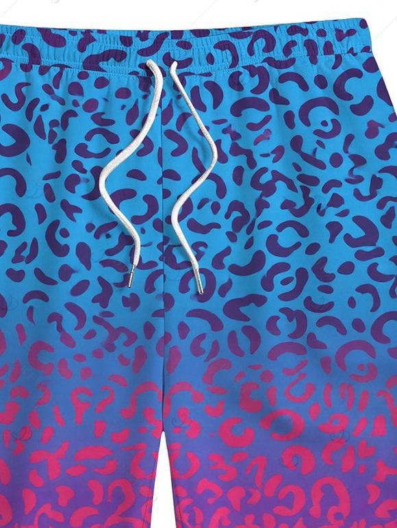 Men's Hawaiian Vacation Beach Shorts Ombre Leopard Print Pocket Drawstring Board Shorts - Rose Vif 5XL