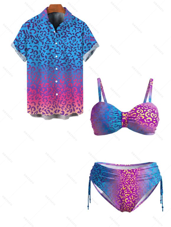 Beach Vacation Couple Outfit Ombre Leopard Print Ruched Cinched Briefs Bikini Swimsuit and Shirt Set - Rose Vif S | US 4