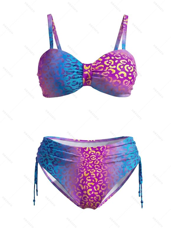 Beach Vacation Couple Outfit Ombre Leopard Print Ruched Cinched Briefs Bikini Swimsuit and Shirt Set - Rose Vif S | US 4