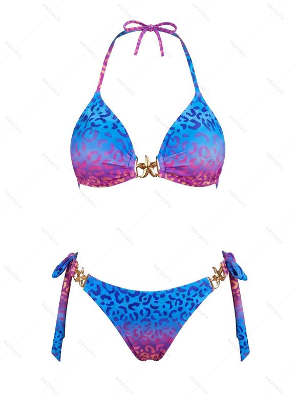 Beach Vacation Bikini Swimsuit Ombre Leopard Print Starfish Decor Tied High Cut Briefs Halter Swimwear Set - Rose Vif XXL | US 14