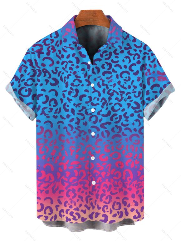 Beach Vacation Couple Outfit Ombre Leopard Print Ruched Cinched Briefs Bikini Swimsuit and Shirt Set - Rose Vif S | US 4