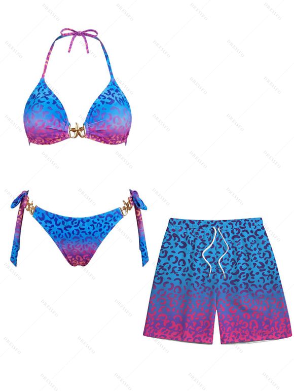 Beach Vacation Couple Outfit Ombre Leopard Print Starfish Decor Tied High Cut Briefs Halter Bikini Swimsuit and Drawstring Shorts Set - Rose Vif S | US 4