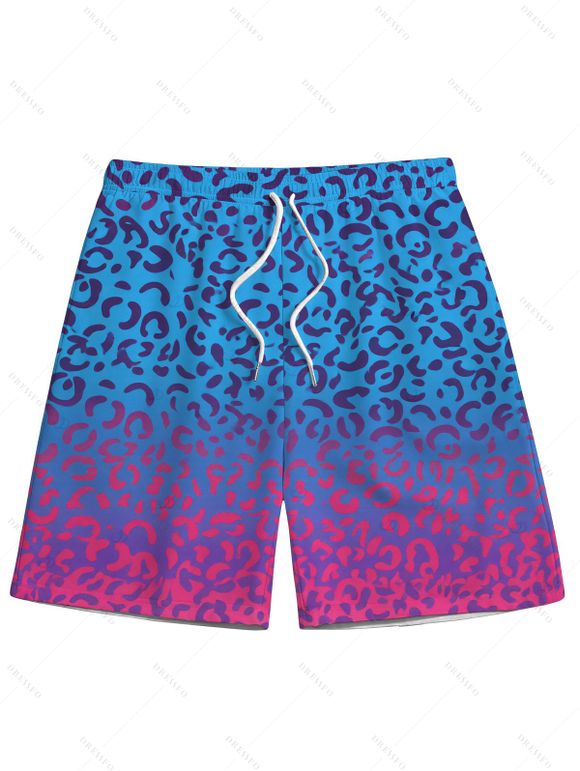 Beach Vacation Couple Outfit Ombre Leopard Print Starfish Decor Tied High Cut Briefs Halter Bikini Swimsuit and Drawstring Shorts Set - Rose Vif S | US 4