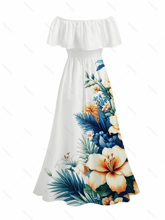 Hawaiian Vacation Dress Hibiscus Floral Tropical Leaf Print Flounce Off the Shoulder Smocked Slit Dress - Blanc XXL | US 14