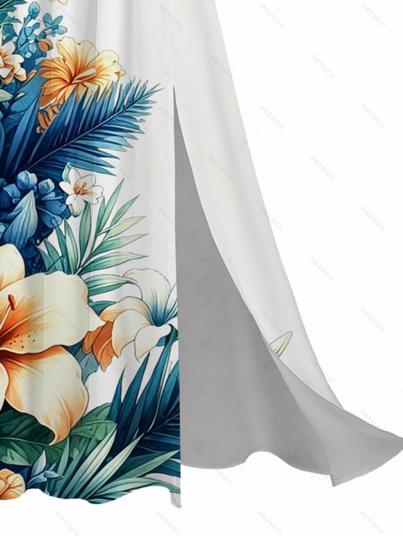 Hawaiian Vacation Dress Hibiscus Floral Tropical Leaf Print Flounce Off the Shoulder Smocked Slit Dress - Blanc XXL | US 14