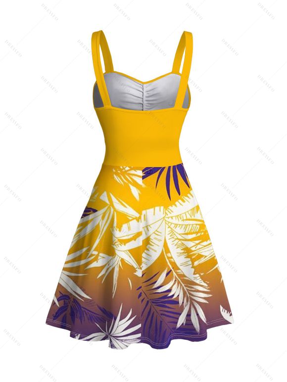 Hawaiian Vacation Dress Tropical Palm Leaf Print Ombre Ruched Bust Mini Dress - Brun Doré XXXXXL | US 20