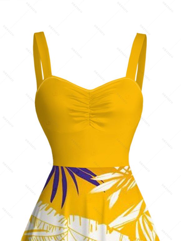 Hawaiian Vacation Dress Tropical Palm Leaf Print Ombre Ruched Bust Mini Dress - Brun Doré XXXXXL | US 20