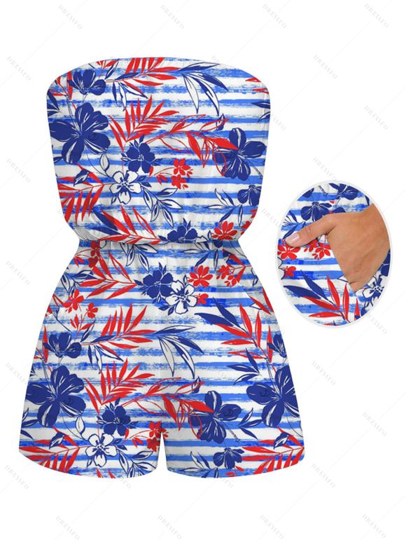Hawaiian Vacation Romper Striped Hibiscus Floral Palm Leaf Print Pocket Off the Shoulder Romper - Bleu XXL | US 14