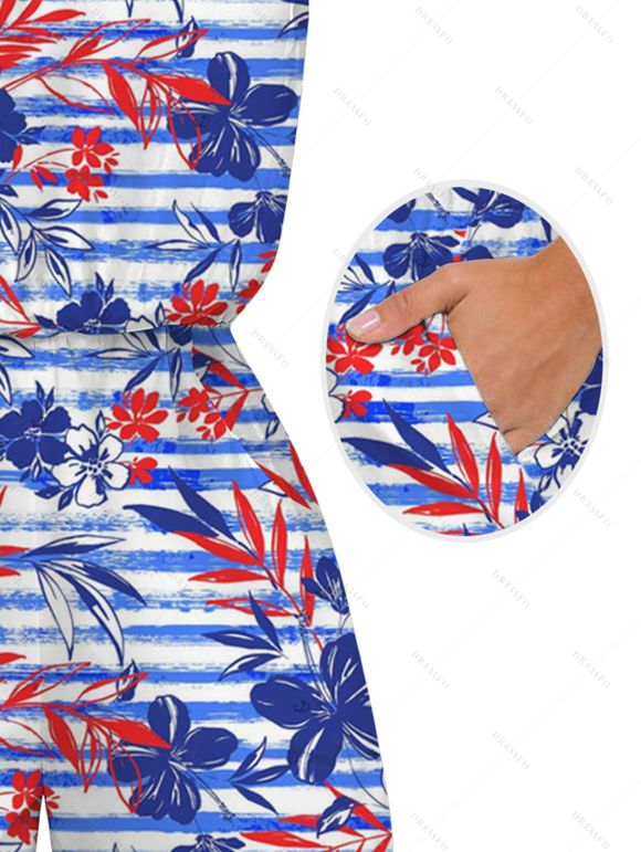 Hawaiian Vacation Romper Striped Hibiscus Floral Palm Leaf Print Pocket Off the Shoulder Romper - Bleu XXL | US 14