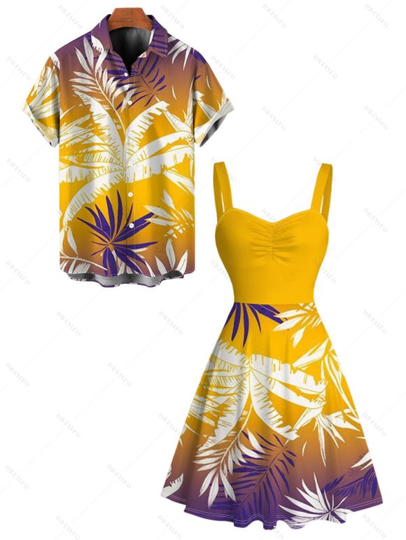 Hawaiian Vacation Couple Outfit Tropical Palm Leaf Print Ombre Ruched Bust Mini Dress and Shirt Set - Brun Doré S | US 4