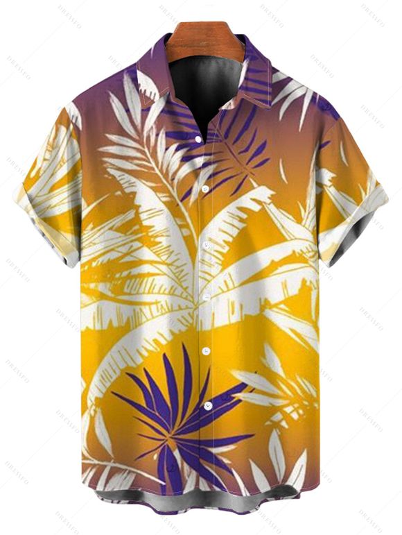 Hawaiian Vacation Couple Outfit Tropical Palm Leaf Print Ombre Ruched Bust Mini Dress and Shirt Set - Brun Doré S | US 4