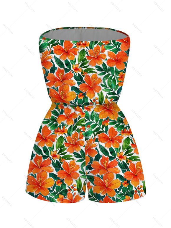 Hawaiian Vacation Romper Watercolor Tropical Hibiscus Floral Leaf Print Pocket Off the Shoulder Romper - Orange XXL | US 14