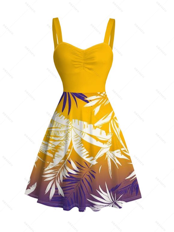 Hawaiian Vacation Couple Outfit Tropical Palm Leaf Print Ombre Ruched Bust Mini Dress and Shirt Set - Brun Doré S | US 4