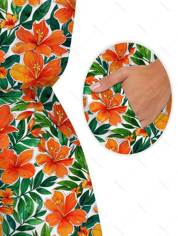 Hawaiian Vacation Romper Watercolor Tropical Hibiscus Floral Leaf Print Pocket Off the Shoulder Romper - Orange XXL | US 14