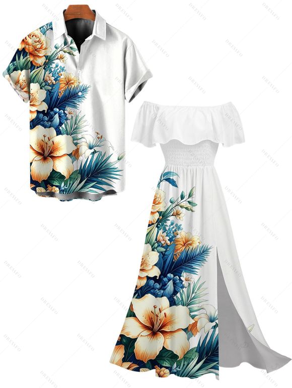 Hawaiian Vacation Couple Outfit Hibiscus Floral Tropical Leaf Print Flounce Off the Shoulder Smocked Slit Dress and Shirt Set - Blanc S | US 4
