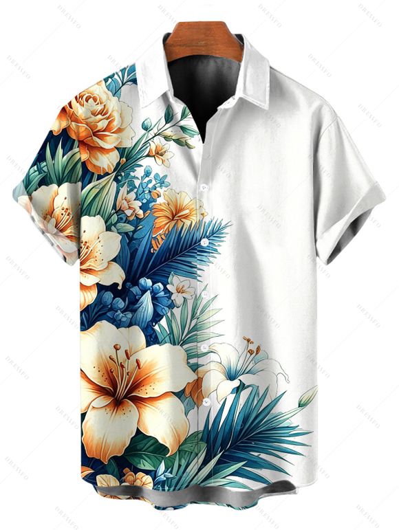 Hawaiian Vacation Couple Outfit Hibiscus Floral Tropical Leaf Print Flounce Off the Shoulder Smocked Slit Dress and Shirt Set - Blanc S | US 4