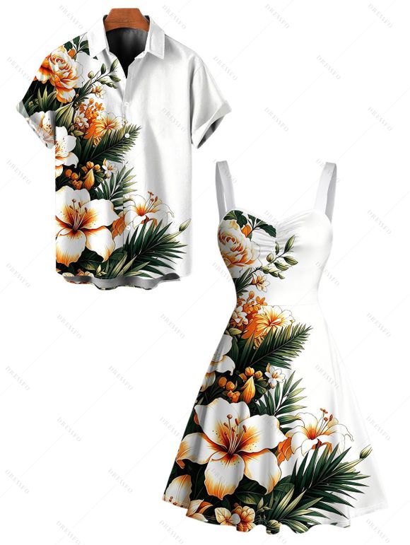 Hawaiian Couple Outfit Hibiscus Floral Tropical Leaf Print Ruched Bust Dress and Shirt Set - Blanc S | US 4