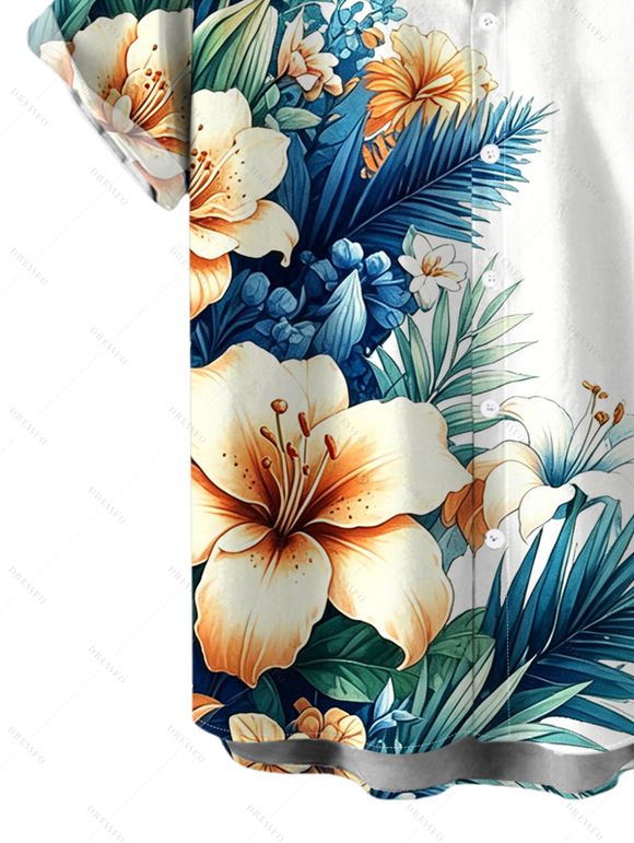 Hawaiian Vacation Couple Outfit Hibiscus Floral Tropical Leaf Print Flounce Off the Shoulder Smocked Slit Dress and Shirt Set - Blanc S | US 4