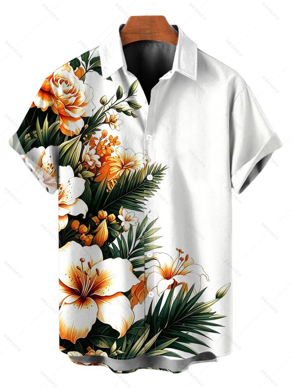 Hawaiian Couple Outfit Hibiscus Floral Tropical Leaf Print Ruched Bust Dress and Shirt Set - Blanc S | US 4