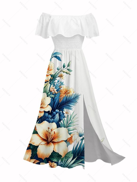 Hawaiian Vacation Couple Outfit Hibiscus Floral Tropical Leaf Print Flounce Off the Shoulder Smocked Slit Dress and Shirt Set - Blanc S | US 4