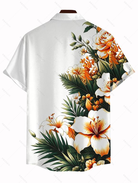Hawaiian Couple Outfit Hibiscus Floral Tropical Leaf Print Ruched Bust Dress and Shirt Set - Blanc S | US 4