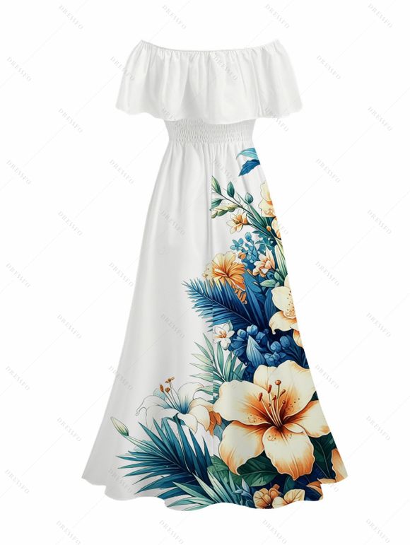 Hawaiian Vacation Couple Outfit Hibiscus Floral Tropical Leaf Print Flounce Off the Shoulder Smocked Slit Dress and Shirt Set - Blanc S | US 4