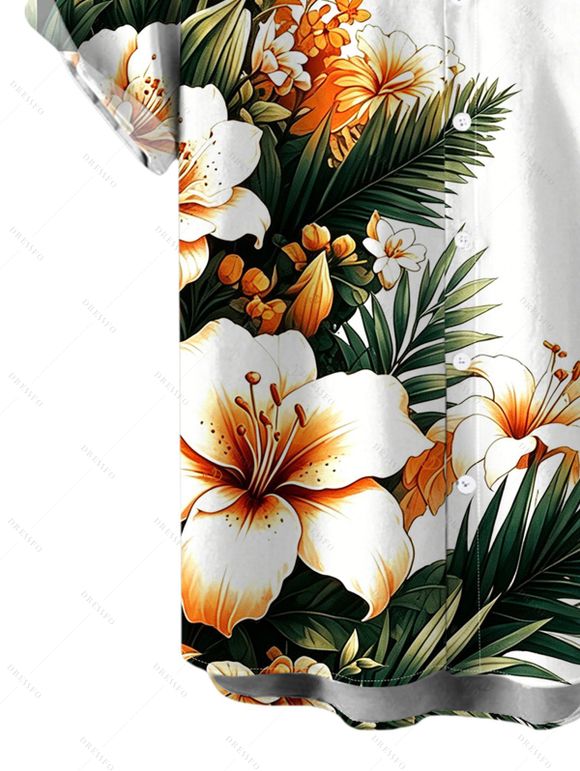 Hawaiian Couple Outfit Hibiscus Floral Tropical Leaf Print Ruched Bust Dress and Shirt Set - Blanc S | US 4