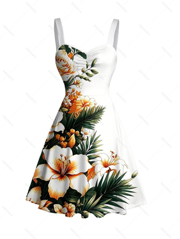 Hawaiian Couple Outfit Hibiscus Floral Tropical Leaf Print Ruched Bust Dress and Shirt Set - Blanc S | US 4