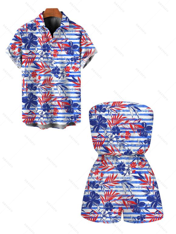 Hawaiian Vacation Couple Outfit Striped Hibiscus Floral Palm Leaf Print Pocket Off the Shoulder Romper and Shirt Set - Bleu S | US 4