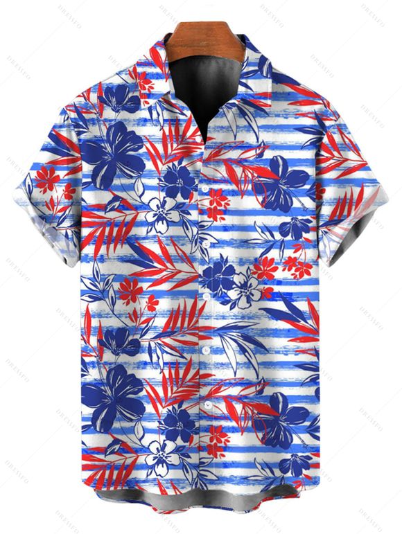 Hawaiian Vacation Couple Outfit Striped Hibiscus Floral Palm Leaf Print Pocket Off the Shoulder Romper and Shirt Set - Bleu S | US 4