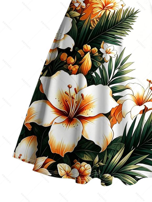 Hawaiian Couple Outfit Hibiscus Floral Tropical Leaf Print Ruched Bust Dress and Shirt Set - Blanc S | US 4