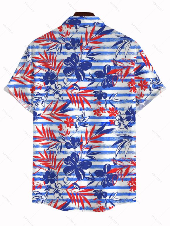 Hawaiian Vacation Couple Outfit Striped Hibiscus Floral Palm Leaf Print Pocket Off the Shoulder Romper and Shirt Set - Bleu S | US 4