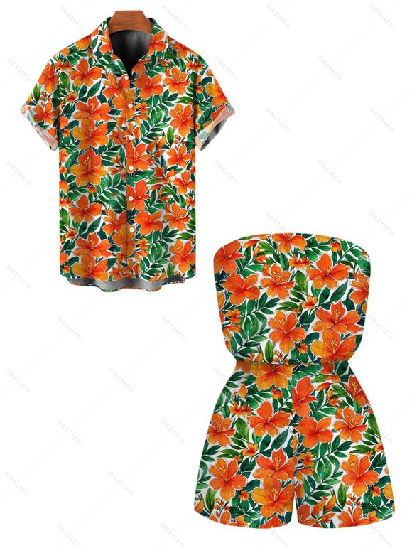 Hawaiian Vacation Couple Outfit Tropical Hibiscus Floral Leaf Print Pocket Off the Shoulder Romper and Shirt Set - Orange S | US 4