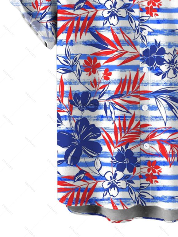 Hawaiian Vacation Couple Outfit Striped Hibiscus Floral Palm Leaf Print Pocket Off the Shoulder Romper and Shirt Set - Bleu S | US 4
