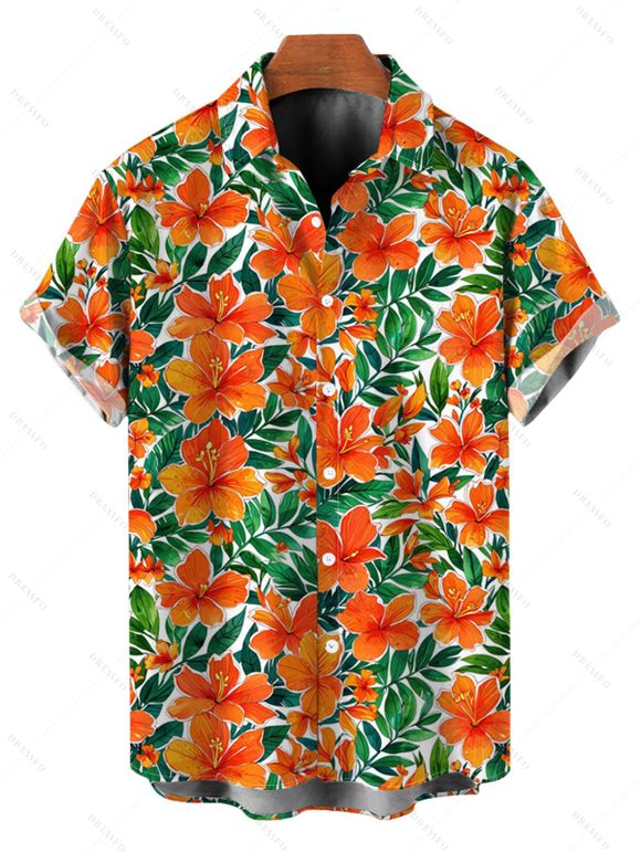 Hawaiian Vacation Couple Outfit Tropical Hibiscus Floral Leaf Print Pocket Off the Shoulder Romper and Shirt Set - Orange S | US 4